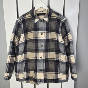 Jenni Kayne Farmhouse Shearling Flannel Shirt‎ Jacket XL Navy Plaid Wool Chore